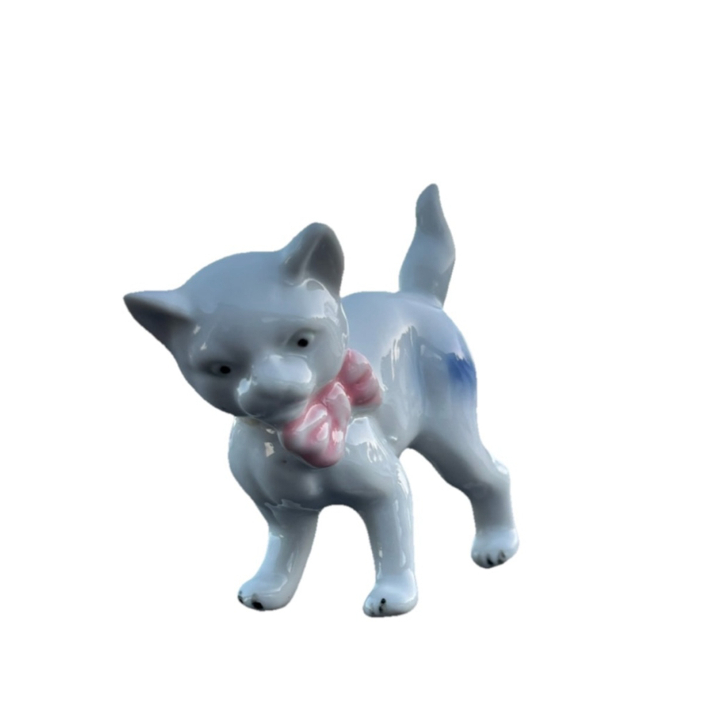 Vintage Porcelain Cat Figurine Trinket with pink bow